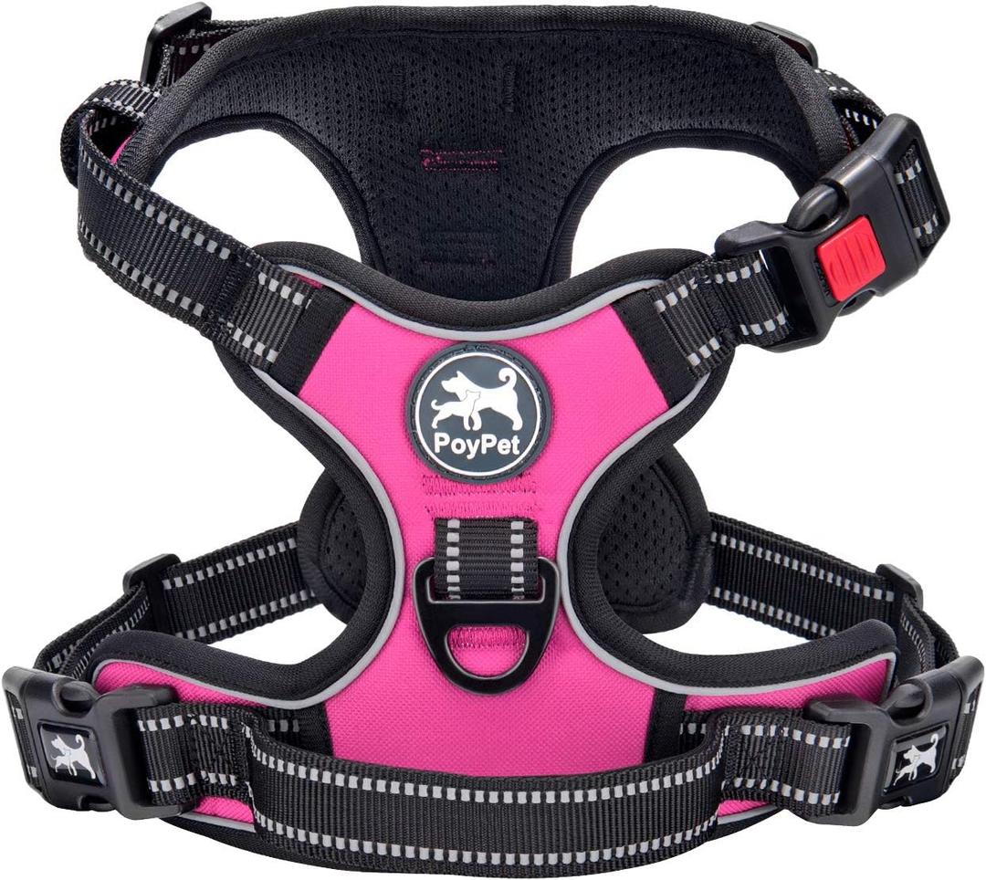 PoyPet No Pull Dog Harness, No Choke Front Clip Dog Reflective Harness, Adjustable Soft Padded Pet Vest with Easy Control Handle for Small to Large Dogs(Pink,M) (Medium)
