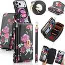 Compatible for iPhone 17 Pro Crossbody Wallet Purse Phone Case, Detachable Magnetic, RFID Blocking Card Holder, Zipper Leather Wallet Wrist Lanyard Strap Case for Women Black Flower