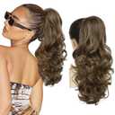 REECHO Ponytail Extension, 18 inch Drawstring Ponytail Hair Extensions Long Curly Wavy Clip in Pony Tail Synthetic Hairpiece for Women, Chocolate Brown with Highlights