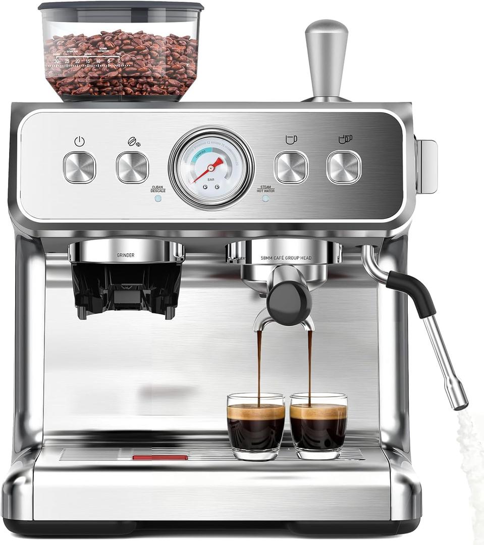 COWSAR 20 Bar Espresso Machine with Grinder & Milk Frother Steam Wand, 58mm Expresso Coffee machines, Commercial Stainless Steel Coffee Maker for Cappuccino and Latte, Perfect for Home Caf-Pro (EXP 08/04/28)