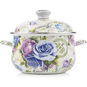 Retro Flower Enamel Stockpot with Lid,Stockpots for Cooking (5L-Blue Rose) (Multi Rose-5QT)