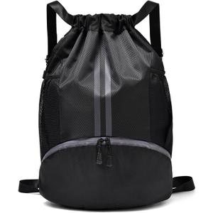 Black Drawstring Gym Bag for Men, Waterproof Drawstring Backpack for Women, Swim Bag with Shoes Compartment, Pull String Sport Bag for Soccer and Basketball.