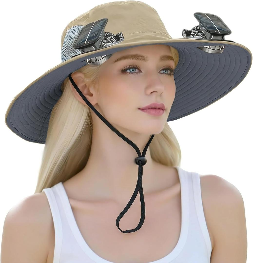 Outdoor Wide Brim Sun Hat with 2 Solar Powered Fan, Bucket Hat for Men Women, Fishing, Gardening & Beach Hat for Men, USB Charging, UPF 50+