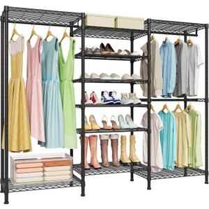 H12 Heavy Duty Garment Rack with Adjustable Shelves, Clothes Rack with Shoe Shelves, Closet Racks with Shoe Organizer and Hanging Rods, Freestanding Portable Closet for Bedroom, Black