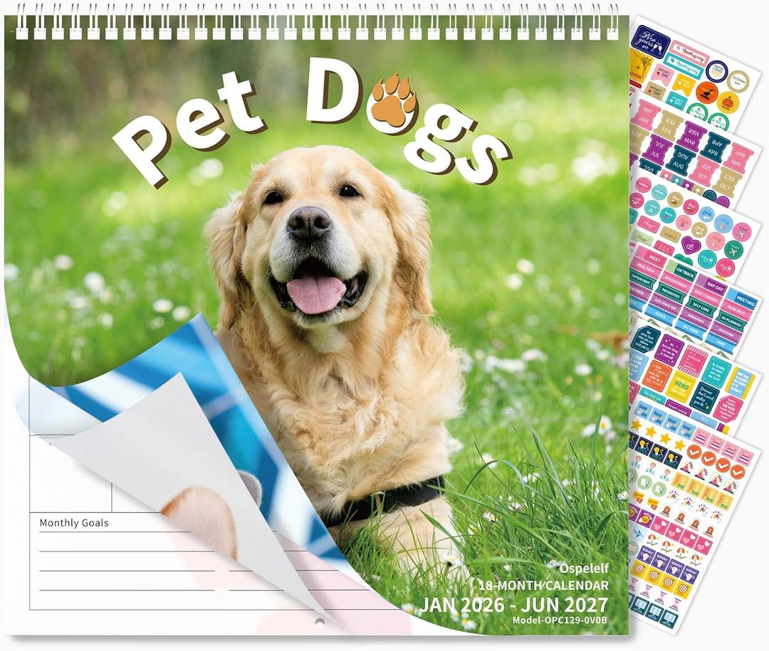 Ospelelf 2026-2027 Wall Calendar 12"X12", 18 Months Hanging Calender, Spiral Bound Dog Calendar for Easy Organizing, Use Jan 2026 - Dec 2027