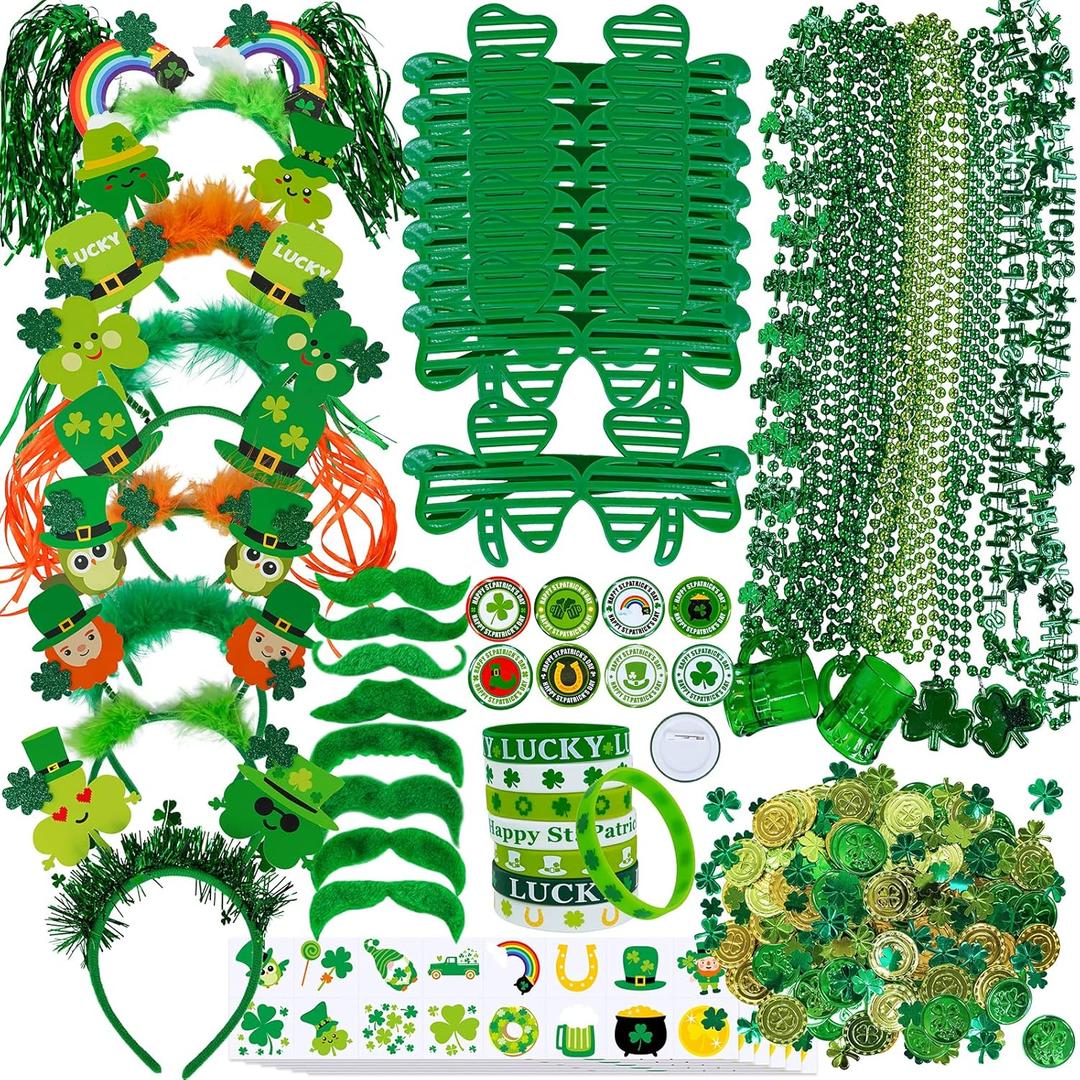 Winlyn Bulk St. Patrick's Day Novelty Jewelry Assortment St. Pat's Party Favors Supplies Shamrock Necklace Coins Head Bopper Bracelet Tattoo Mustaches Accessories for St. Patty's Day Irish Party Decor (Green)