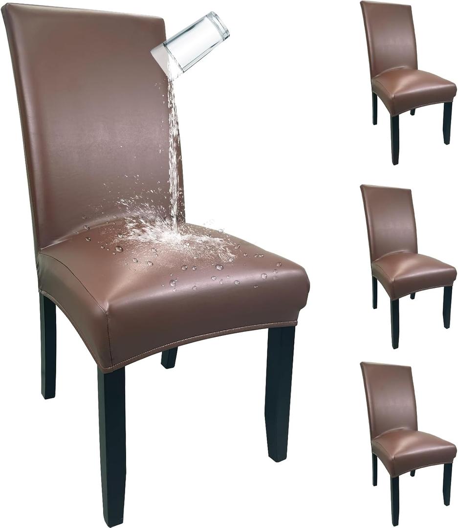 Pu Leather Dining Chair Covers set of 4, Waterproof Kitchen Chair Covers for Protecting Chairs from Stain/Scratch, Soft & Elastic Parsons Chair Slipcover Well-Fitted for Dinning Room(Coffee, 4Pcs)