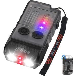 BORUIT V20 LED Small Powerful EDC Flashlight with Clip,180Head Swivels,Super Bright USB C Rechargeable Mini Pocket Keychain Flash Light with Red COB Light-14 Mode,IP67,Magnetic,110DB Buzzer(Black)