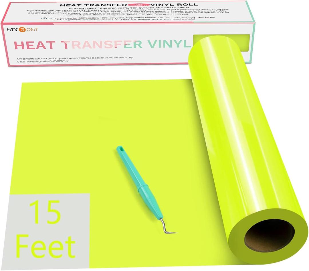 HTVRONT Heat Transfer Vinyl - Neon Yellow Iron On - 12" x 15ft - Easy Cut & Weed for Shirts & More