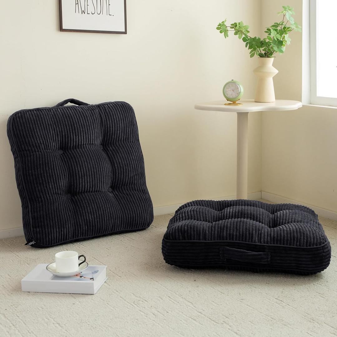 HIGOGOGO Floor Pillow Cushion for Adults, Meditation Cushion Pillow, Large Square Floor Sitting, Tufted Corduroy Cover, for Tatami Living Room or Yoga, 22x22 Inch, 2Pack, Black, 4" Thick