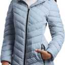 Reebok Womens Puffer Jacket - Midweight Quilted Snow Glacier Shield Full Zip Winter Coat for Women with Hood & Zip Pockets (Blue, S)