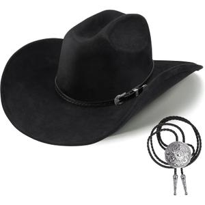Western Cowboy Hat for Men Women,Shapeable Wide Brim Felt Fedora Classic Cowgirl Hats for Cowboys and Cowgirls,with bolo tie