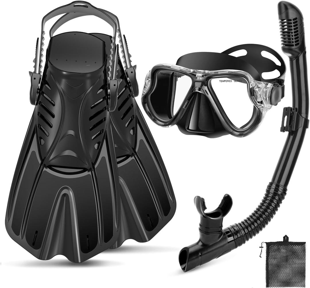 Snorkeling Gear for Adults, 4 in 1 Adult Snorkel Set with Panoramic View Snorkel Mask, Dry Top Snorkel, Adjustable Short Fins and Travel Bag, Snorkel Set with Fins for Snorkeling Diving (Black)