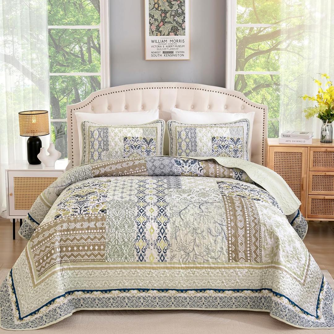 WONGS BEDDING Boho Quilt Set Queen, 3 Pieces Beige Patchwork Bedspread Coverlet Set,Soft Lightweight Microfiber Bohemian Floral Pattern Bedding Set for All Season (96"X90")