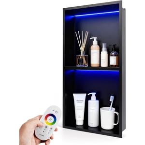 12" X 24" RGB LED Shower Niche No Tile Needed, Stainless Steel Shower Niche Insert Tile Ready, Recessed Wall Shelf for Bathroom Storage Organizer with Remote Control, Matte Black
