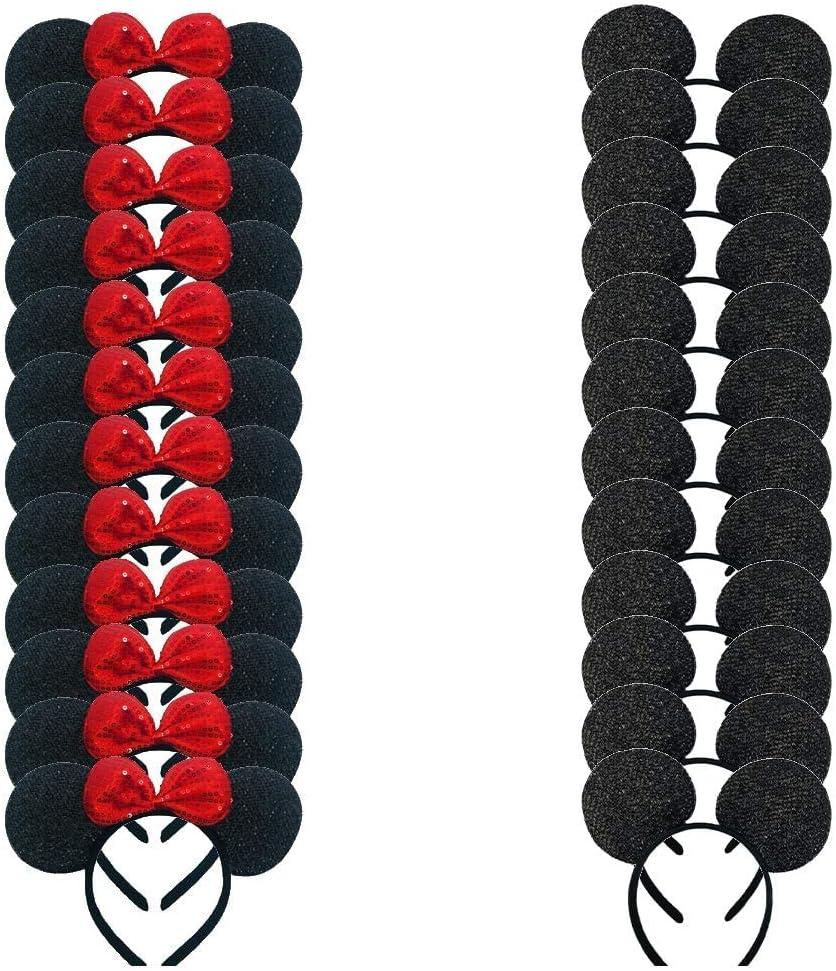 24 Pcs Mouse Costume Deluxe Ears Headband Red Bow Hairs Accessories Baby Shower Headwear Favors Decorations