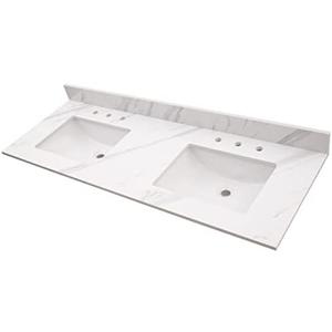 MSI Vanity Top | Calacatta Lumas | 61" x 22"
Cool White | 2 cm Thickness | Pack of 1 | Polished Finish | Engineered Marble | Double Ceramic Sinks | 4" Faucet Hole Spacing