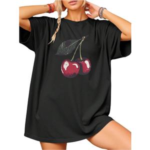 RoseSeek Women's Cherry Graphic Tees Top Crewneck Short Sleeve Baggy T Shirt, XS