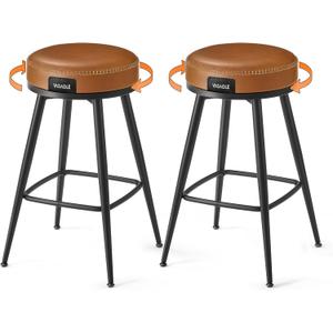 VASAGLE EKHO Collection - Swivel Bar Stools Set of 2, Counter Height Backless Bar Stools, Synthetic Leather with Stitching, Mid-Century Modern, 25.6-Inch Tall Kitchen Barstools for Home, Caramel Brown