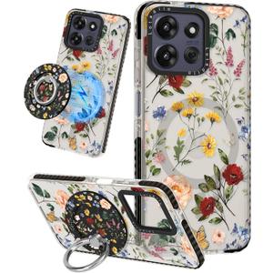 Cute Case for Moto G Power/Play 5G 2025 for Women Girls - Funny Retro Flower Design Compatible with Magsafe Ring Holder Magnetic Stand Kickstand Fashion TPU Phone Covers Kawaii