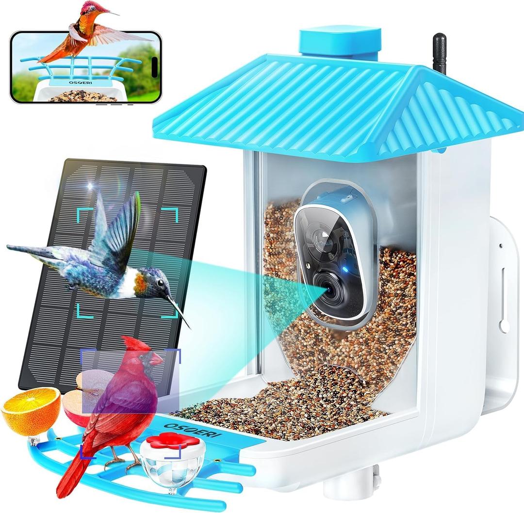 Osoeri Bird Feeder with Camera - Solar Smart Bird Feeder with AI Identify, 1080P HD Auto Capture Birds Video, Real-Time Alerts, Gifts for Family and Friends, 2.4GHz WiFi (Single Bin, Blue White)