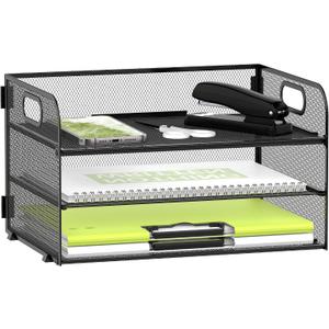 DALTACK 3 Tier Paper Organizer with Handle, Mesh Metal Desk Organizer with Sliding Paper Trays for Letter/A4 Paper, Mail, Bills & Folders, Black
