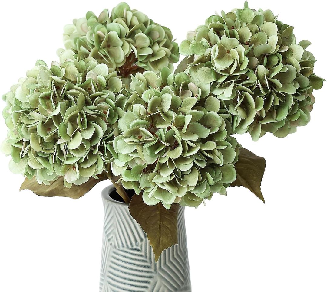 mizii 4Pcs Green Artificial Hydrangea Flowers Large Fake Silk Hydrangea Flower with Leaves Stems Realistic Faux Hydrangeas Decorations for Wedding Table Centerpieces Vase Home Decor (Green)