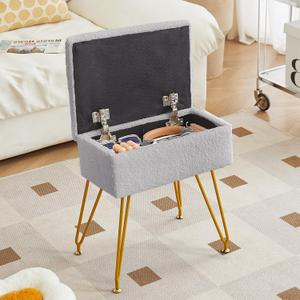 Alessing Vanity Stool with Storage, Sherpa Makeup Chair with Metal Legs, Upholstered Ottoman Seat for Bedroom, Living Room, Grey