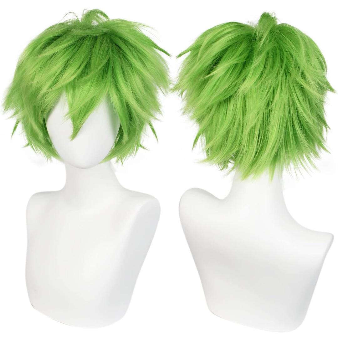 ANOGOL Hair Cap + Short Golden Green Men's Cosplay Wig Short Light-green Synthetic Wig for Halloween Christmas Event Costume Party Anime Outfit Green Cosplay St. Patrick's Day Wigs