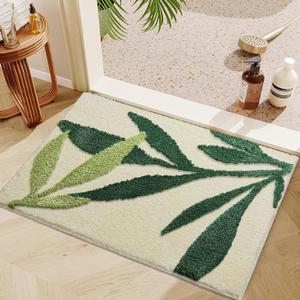 Green Bathroom Rug, Sage Green Leaves Rug, Soft Water Absorbent Non-Slip Washable Bath Mat for Bathroom, Tub and Floor, Botanical Shower Decor Carpet & Doormat, 18"x26"