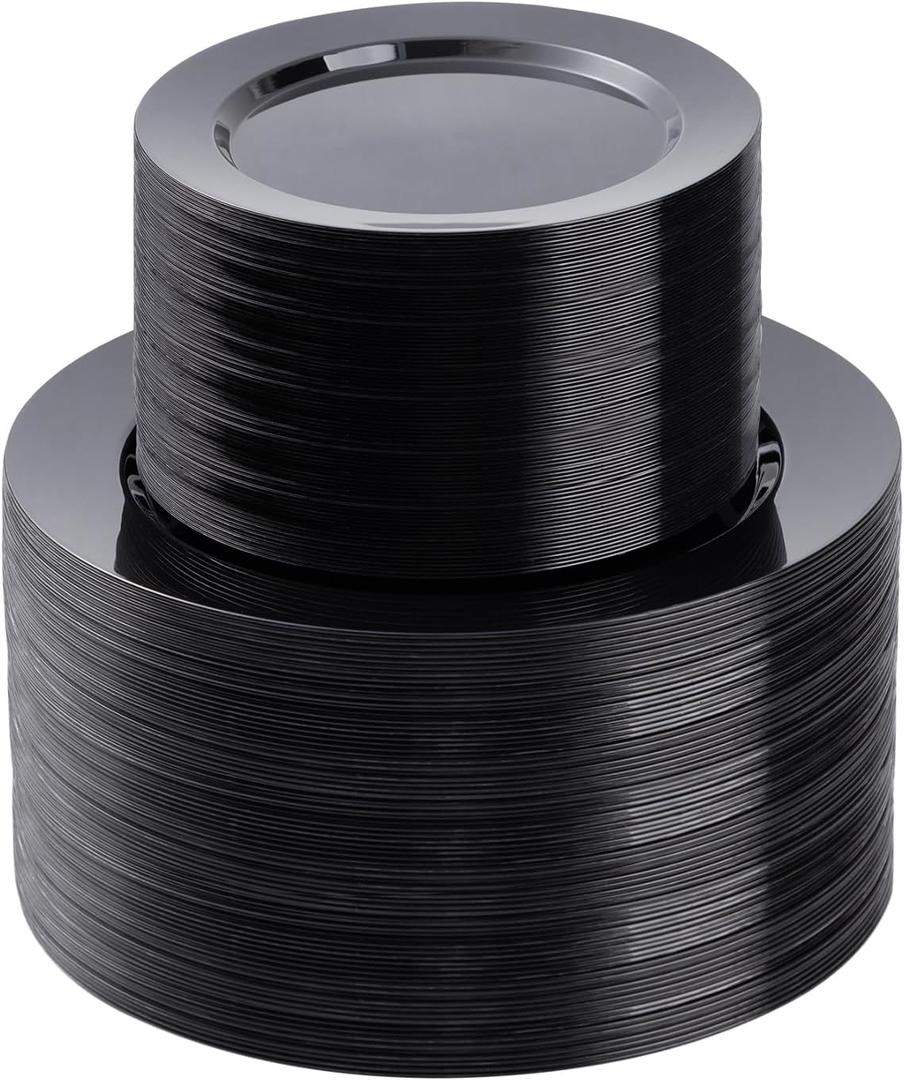 200PCS Black Plastic Plates Set, 100 10.25 inch Dinner Plates and 100 7.5 inch Dessert Plates, Premium Disposable Plates for Party, Wedding