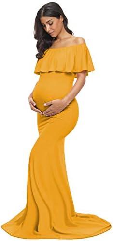 Glampunch Womens Off Shoulder Maternity Dress Ruffles Elegant Slim Gowns Fit Maxi Photography Dress XL