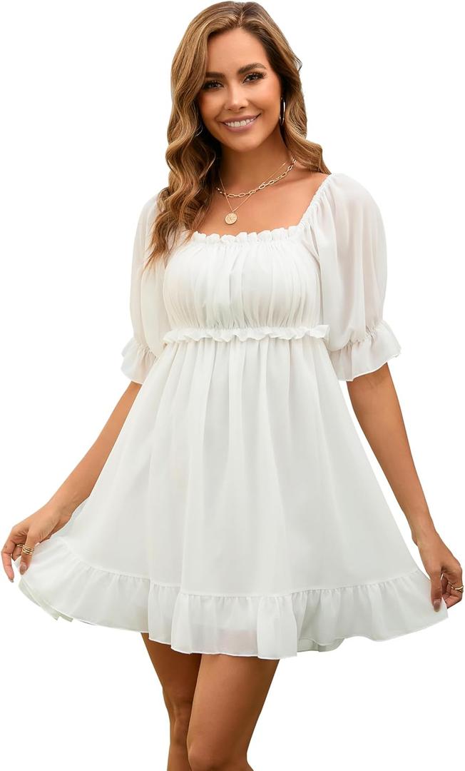 Women's Summer Dress Boho Short Sleeve Mini Dresses Square Neck Ruffle Mini Beach Dresses (Large, Milk White)