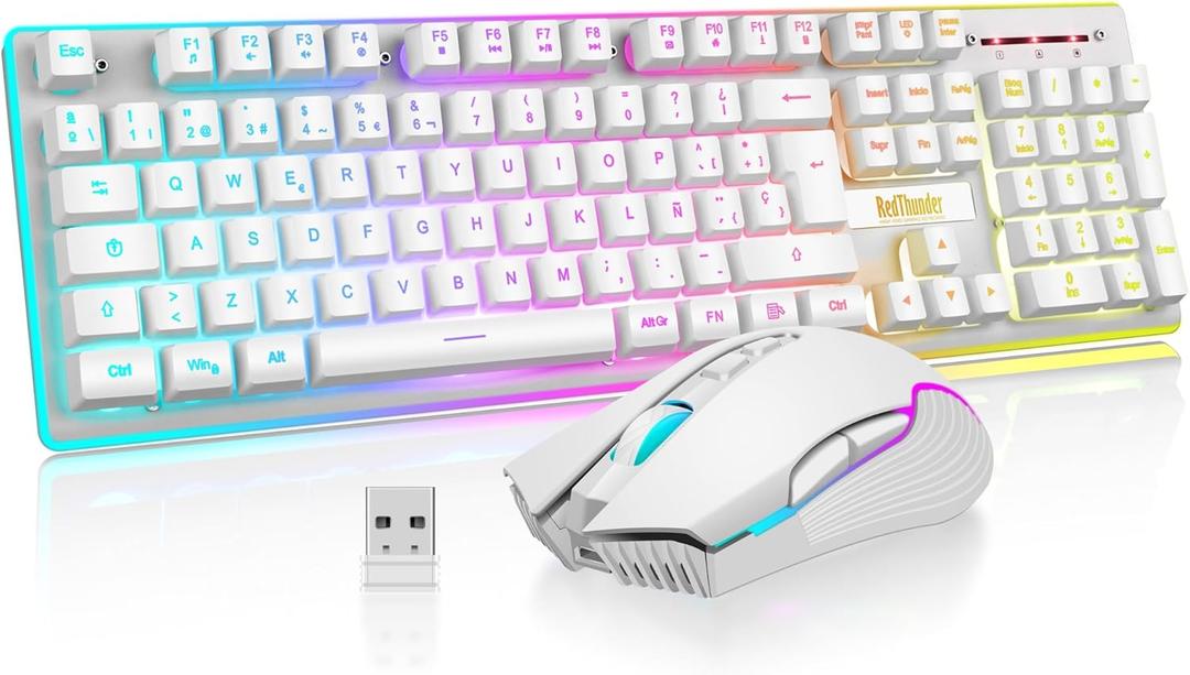 RedThunder K10 Wireless Mechanical Gaming Keyboard, LED Backlight, Rechargeable 3800 mAh Battery, Anti-ghosting+7D 3200DPI Mouse, ES Layout, for PC/PS5/Xbox-White