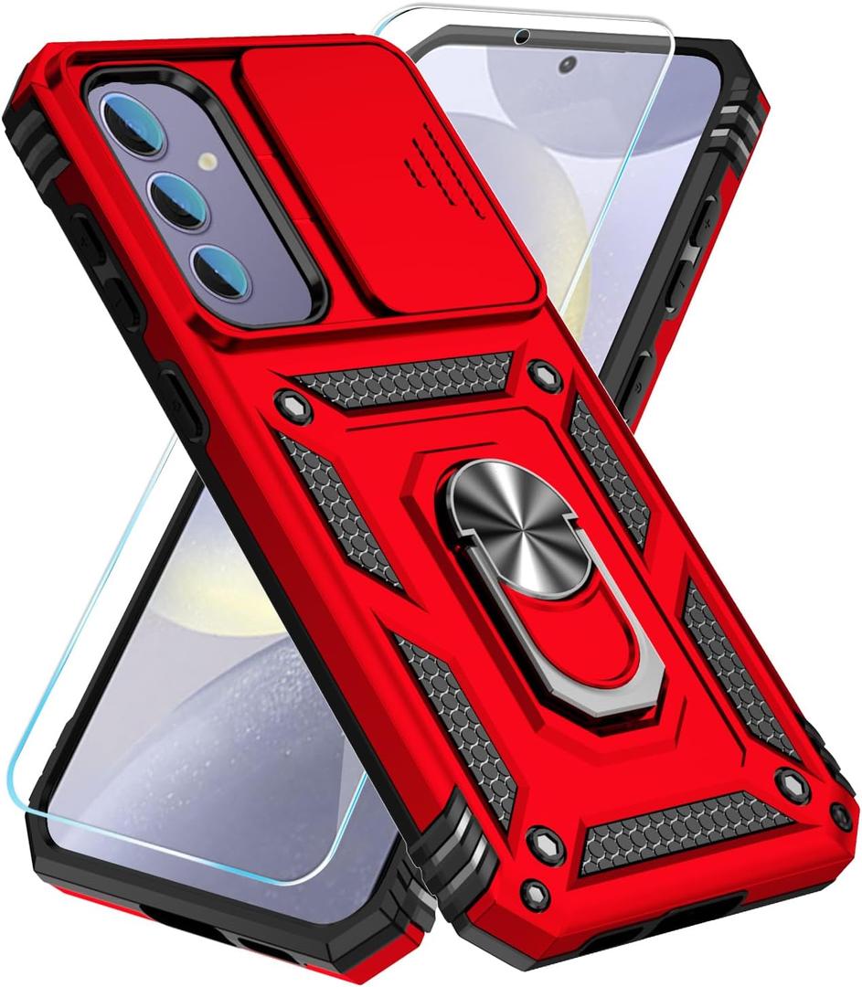 SunStory Compatible with Samsung Galaxy S24 FE 5G Case with HD Screen Protector & Slide Camera Cover & Rotated Ring Kickstand, [Military-Grade] Phone Case for Galaxy S24 FE (Red)