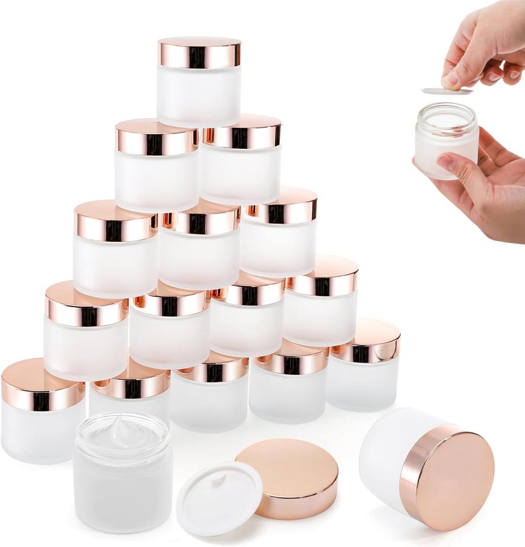 16 Pack 2 OZ Frosted Glass Jars, Empty Sample Cream Jar with Screw Lids & Inner Liners, Reusable Cosmetic Container for Body Scrubs, Lotion, Powder, Ointment, Makeup, Moisturiser, DIY Crafts