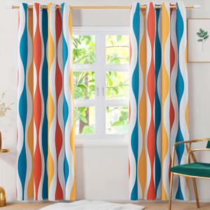 MeZQ Blackout Curtains 84 inch Long 2 Panels Set, Wave Grommet Bedroom Blackout Curtains, Thermal Insulated and Noise Reduce Drapes with Geometric Pattern for Living Room, Orange, 52" W x 84" L