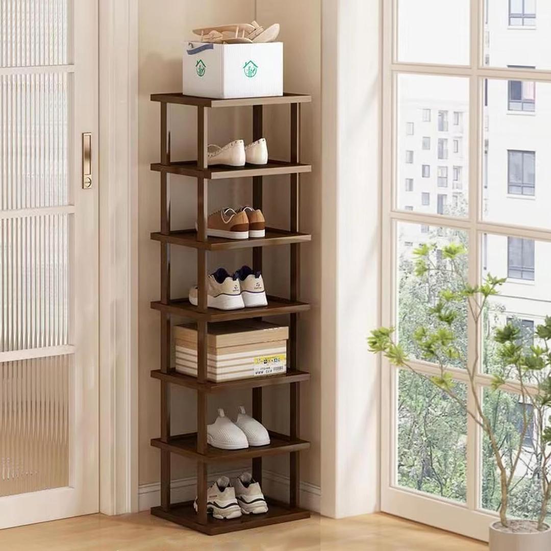 Vertical Shoe Rack - Tall Narrow Shoe Rack Organizer for Small Spaces,7 Tier Bamboo Shoen Shelf for Entryway,Closet,Corner,Doorway,Skinny Shoe Shelf Space Saving Shoe Storage,Free Stackable DIY (Brown)