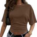 Womens Crop Cinched Waist Top Half Sleeve Ruched Going Out Tops 2026 Summer Y2K Tee Shirts (Brown, L)