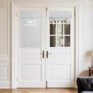 NICETOWN 100% Linen Blackout French Door Curtains, Privacy Door Window Curtains, 26 X 40 Inch Long Room Darkening Blinds, Thermal Insulated Tie Up Shades for Bedroom, 1 Panel, White