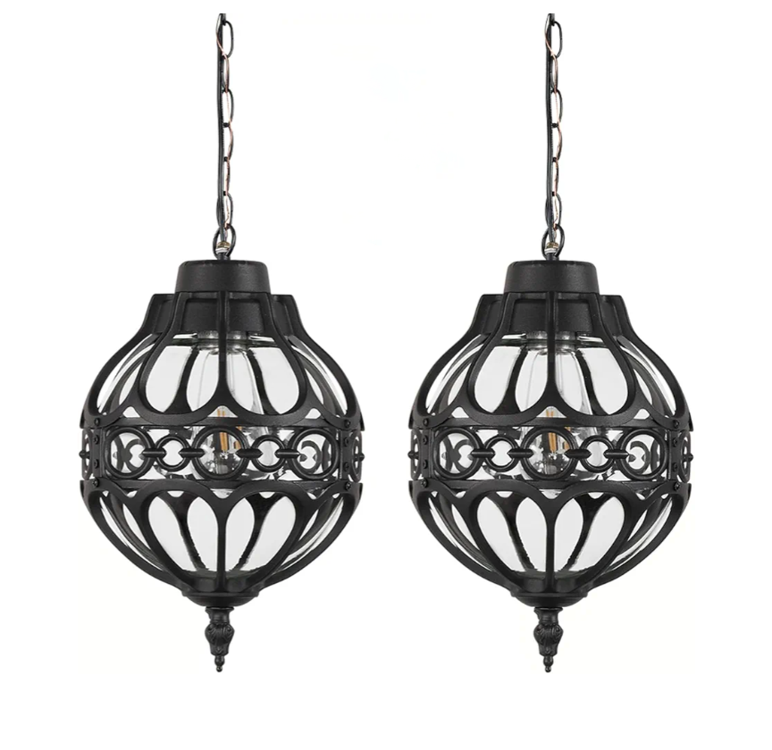 Zanritelit Globe Outdoor Pendant Lights for Porch Patio Garage, Matte Black Aluminum Anti-Rust Hanging Light Fixture, Industrial Round Clear Glass Exterior Chandelier, Outside Pendant Lamp, 2 Pack