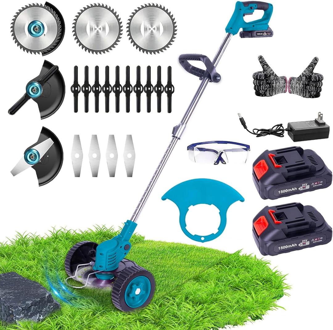 Weed Wacker Cordless Adjustable Weed Eaters 3 in 1 Electric String Trimmer Lawn with Two Battery with Charger Comes with Multiple Blades for Yard, Green, Garden (Blue)
