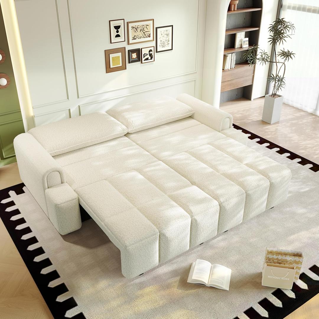 KEIKI 90.2" 4-Seater Modern Convertible Sofa Bed  Teddy Fabric Couch with Storage Seats, King Size 3-in-1 Sleeper Sofa for Living Room, Recliner Couch, Comfortable Sofa Bed for Families & Guests (Beige)