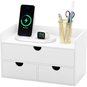 Bamboo Desk Organizer with Drawers Desktop Storage Drawers for Bills Office Supplies Kitchen Utensils Organizing Tool for Home Classroom Organization No Assembly (White with Shelf)