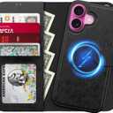 LUHOURI for iPhone 16 Plus Case Wallet - Wireless Charging Compatible Black | RFID Blocking 4 Card Slots Holder - Detachable Flip Folio Leather Cover - Protective Phone Case for Women Men