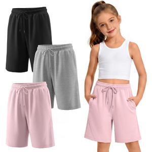 3 Pack Girls' Bermuda Long Shorts 5-14Y | Bermuda Shorts, Athletic, Long Short, Drawstring, Sweatshorts Pocket, for Summer, Casual, for Girls, Kids, Teen, 5-14Y