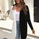 Womens Hooded Long Cardigan Color Block Open Front Knit Cardigan Oversized Lightweight Knit Sweater Outwear (S)