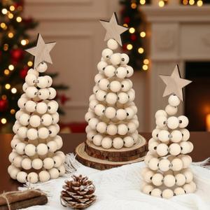 Thyle 3 Pcs Christmas Tree Decor 3 Sizes 6/8/10 Inch Small Boho Artificial Christmas Tree Tabletop Decor for Home Shelf Mantel Fireplace Table Party Supplies(Bead Style,Wood)