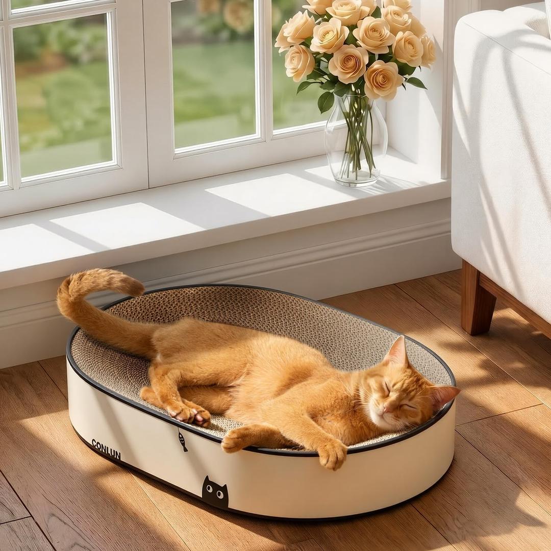 Conlun Large Oval Cat Scratcher Bowl, Cardboard Cat Scratching Pad & Lounge Bed, High-Density Reversible Cat Nest for Large Indoor Cats, Furniture Protector with Ergonomic Curve, Gift Catnip Included