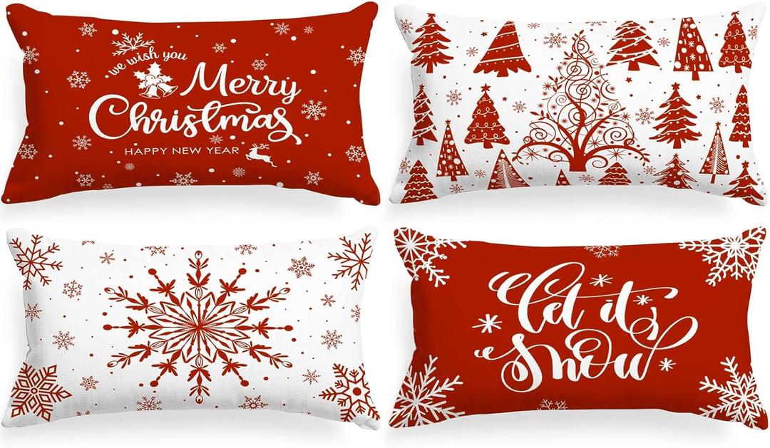 Lanpn Christmas Lumbar Throw Pillow Covers 12x24 Set of 4, Merry Christmas Winter Xmas Snowflake Decorative Holiday Cushion Pillow Cases 12 x 24 for Indoor Farmhouse Home Room Couch Decor (Red)